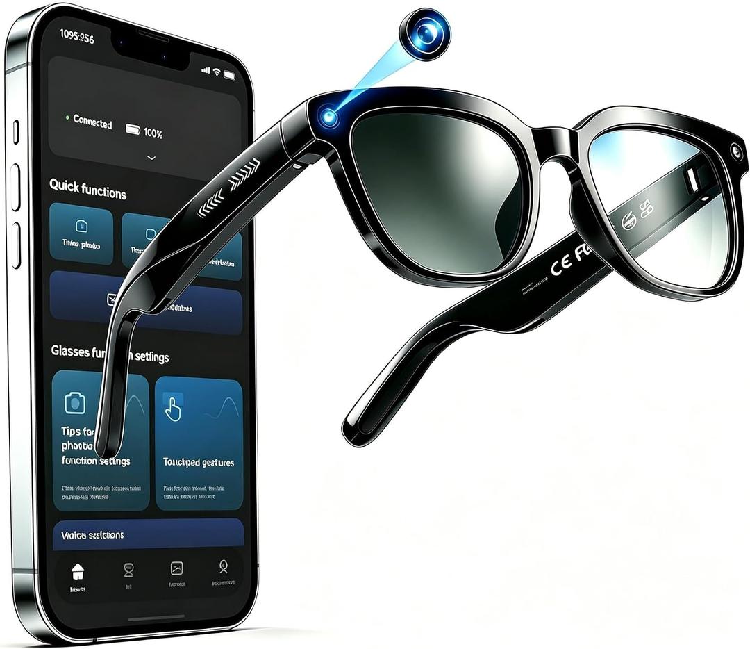 AI Smart Glasses with Camera and Audio, 8MP HD Camera Glasses for Men Women with Voice Assistant, 1080P Recording Sunglasses with Real-Time Translation, Open-Ear Audio for Vlogging, Travel, Business