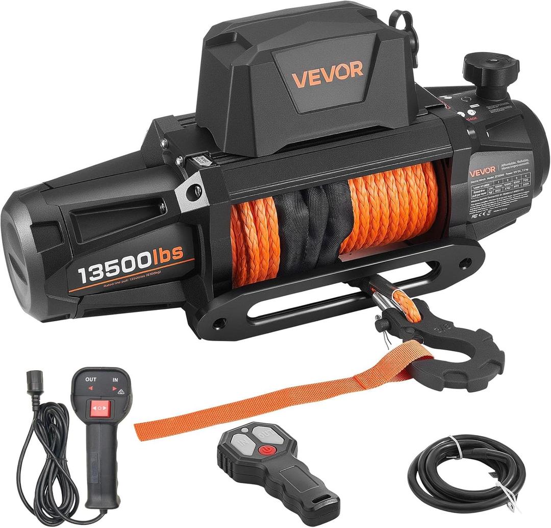 VEVOR Electric Winch, 13500 lbs Load Capacity, 12V DC Truck Winch with 3/8 in x 92 ft Synthetic Rope, Wireless & Wired Remote Control, IP67 Waterproof for Towing Off-Road SUV Jeep Trailer Boat