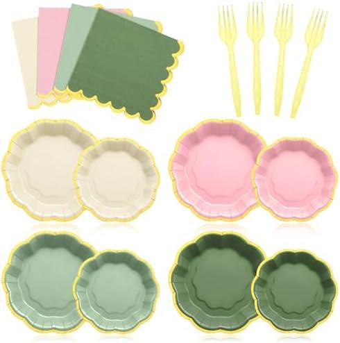 FoldTier 96 Pcs Pink Sage Green Gold Disposable Party Plate Set for 24/48 Guests 9" & 7" Scalloped Paper Plate Cocktail Napkin Plastic Forks for Birthday Farmhouse Wedding Baby Shower Tea Party