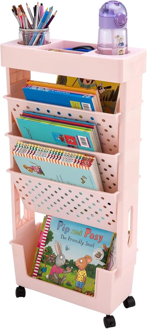 CINPIUK Pink Rolling Office Paper Organizer, Mobile Book Cart Document Folder File Storage with Pen Holder, Slim Rolling Storage Cart Movable Bookshelf for Office, Dorm, Classroom, Nursery (Large)