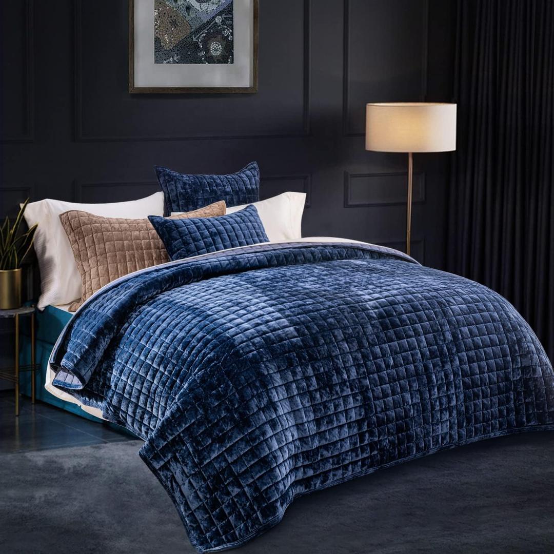 RECYCO Luxury Velvet Quilt Set Twin/Twin XL Size, Lightweight Velvet Comforter Set, Oversized Bedspread Coverlet Quilted Bedding Set, with 1 Matching Pillow Sham, for All Season, Navy Blue