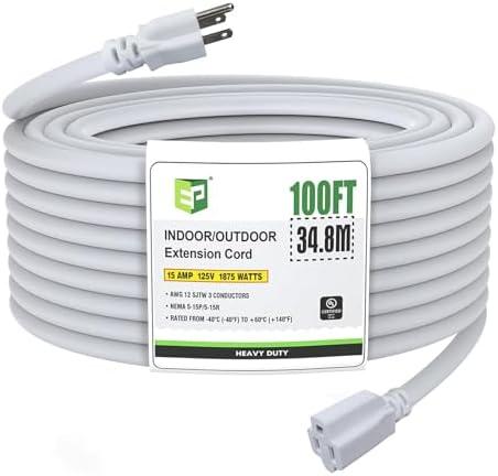 EP 100 Ft Outdoor Extension Cord, 12/3 SJTW Heavy Duty Extension Cable with 3 Prong Grounded Plug, 15 AMP Power Cord for Lawn, Garden, Appliances, White