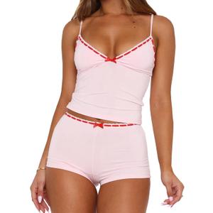 RUEWEY Women 2 Pieces Pajamas Set Bow Loungewear V-Neck Sleeveless Cami Tops and Shorts Sleepwear Outfits (Large, Pink)