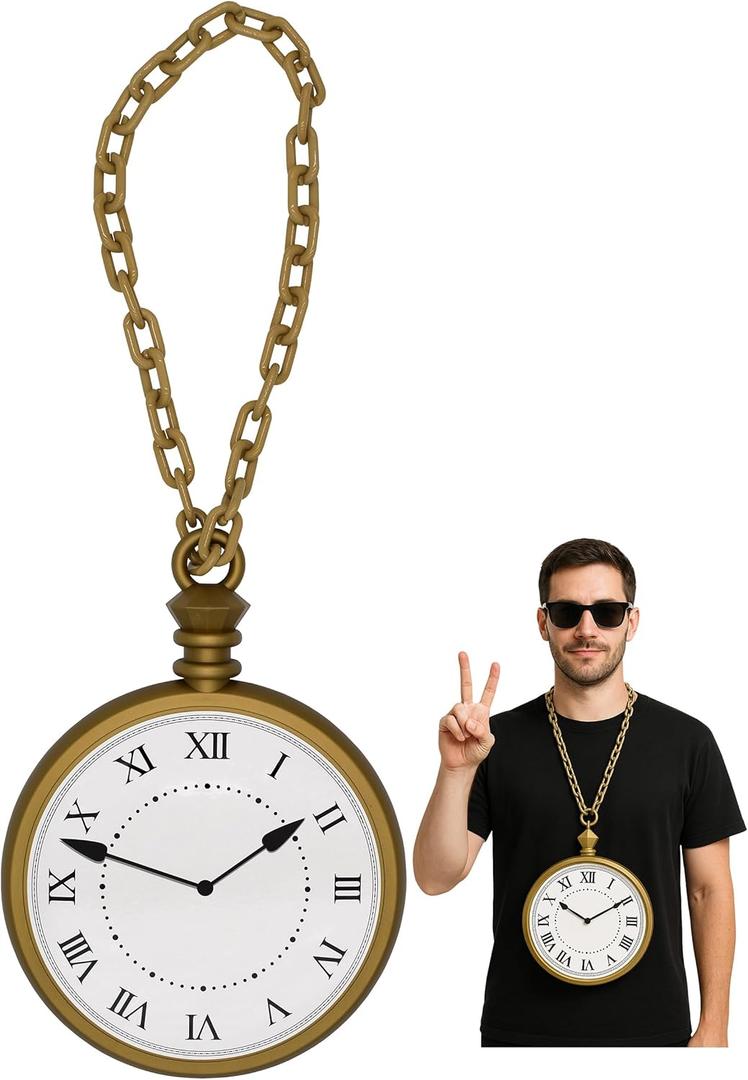 Nicky Bigs Novelties Jumbo Clock Necklace Prop 10 Oversized Clock on 16 Chain White Rabbit Flavor HipHop Costume Accessory Lightweight Plastic Cosplay Halloween Decoration