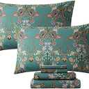 FADFAY California King Sheet Set Shabby Floral Vintage Bed Sheets Percale Cotton Chic Teal Blue Orange American Country Bedding Luxury Soft Breathable Bed Deep Pocket Fitted Sheet 4Pcs, Cal King