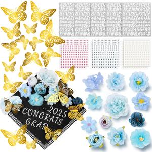 Graduation Cap Decorations Kit Included Faux Flower 3D Butterfly Rhinestone Letter Pearl Stickers for DIY Grad Cap Topper, 33 PCS (Blue)