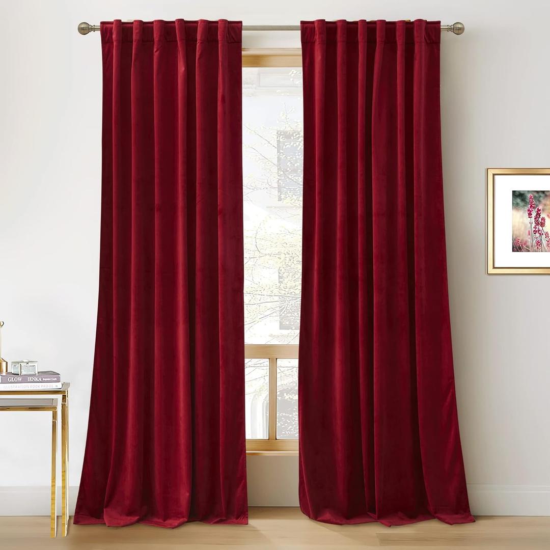 RYB HOME Red Velvet Curtains 102 inches, Back Tab Soft Fabric Room Darkening Thermal Insulated Luxurious Home Decor Curtains for Living Room Bedroom, W 52" x L 102", 2 Panels Set