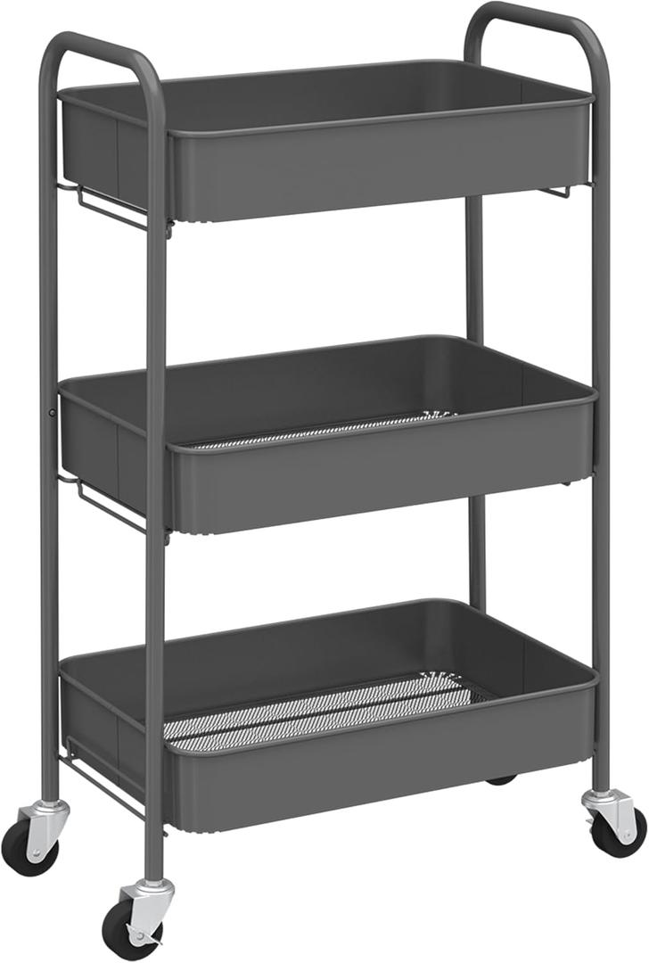 CAXXA 3-Tier Rolling Metal Storage Organizer - Mobile Utility Cart with Caster Wheels, Gray