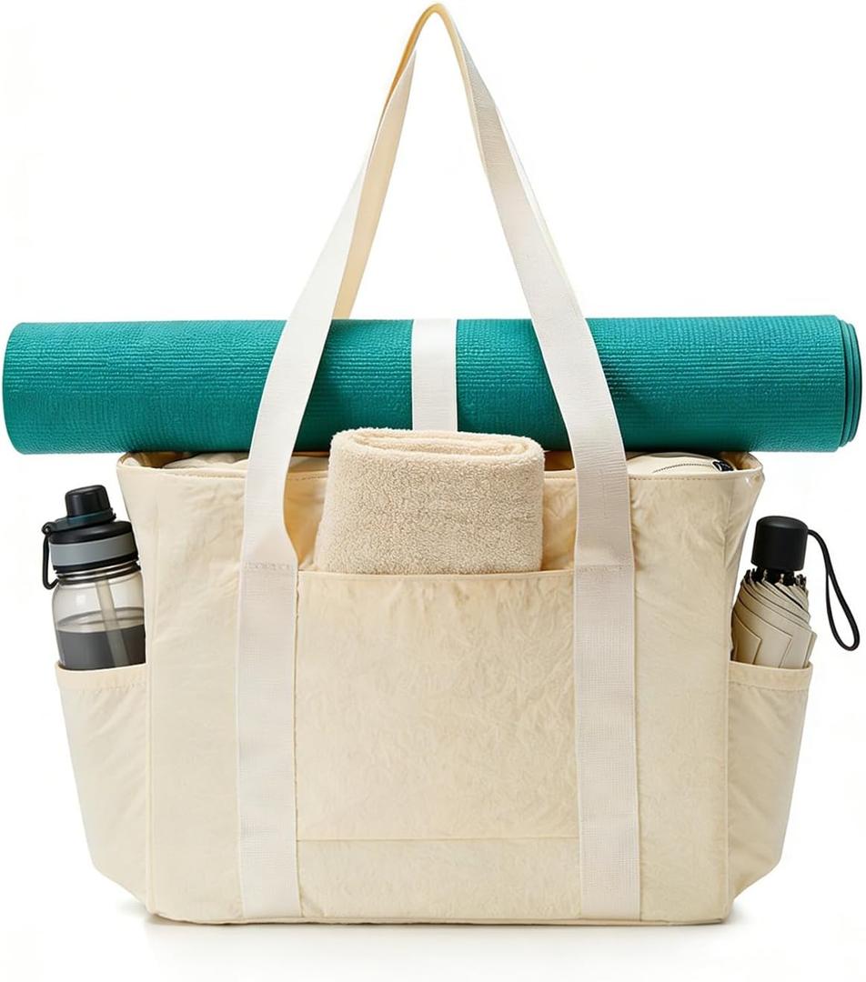 Large Light Weight Tote Bag for Women, Yoga Gym Beach Travel Bag, Fits 15.6" Laptop & Yoga Mat, Waterproof Taslon