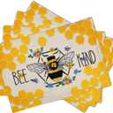 Giwawa Bee Kind Placemats Set of 4-12"x18" Summer Bees Floral Linen Place Mat- Yellow Honeycomb Washable Heat Resistant Table Mats for Kitchen Dining Party Tabletop Picnic Decoration