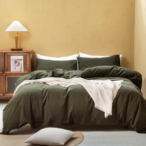 FOSSA Duvet Cover Set 100% Washed Cotton Linen Feel Super Soft Breathable Cozy 3 Pieces Bedding Sets Solid Olive Green King (King (104"  90"), Olive Green (No Comforter))