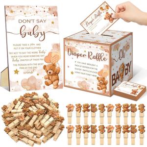 102 Pcs Bear Baby Shower Game Supplies Diaper Raffle Ticket with Diaper Raffle Card Box Don't Say Baby Sign Mini Bear Clothespin Game Decor for Gender Reveal Favor