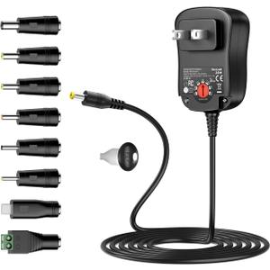 24W 3V 4.5V 5V 6V 7.5V 9V 12V Universal AC/DC Adapter Multi-Voltage Regulated Switching Power Supply with 8 Round DC Plugs for LED Strip Light CCTV Camera Speaker Router,2A Max