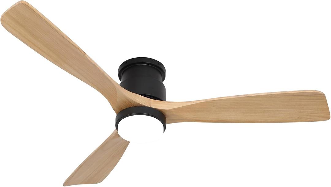 Flush Mount Ceiling Fan with Light Remote, 52inch Natural Wood Ceiling Fans, 6 Speeds Reversible DC Motor 3CCT LED Lighting, Indoor Outdoor Fan Farmhouse Bedroom Living Room