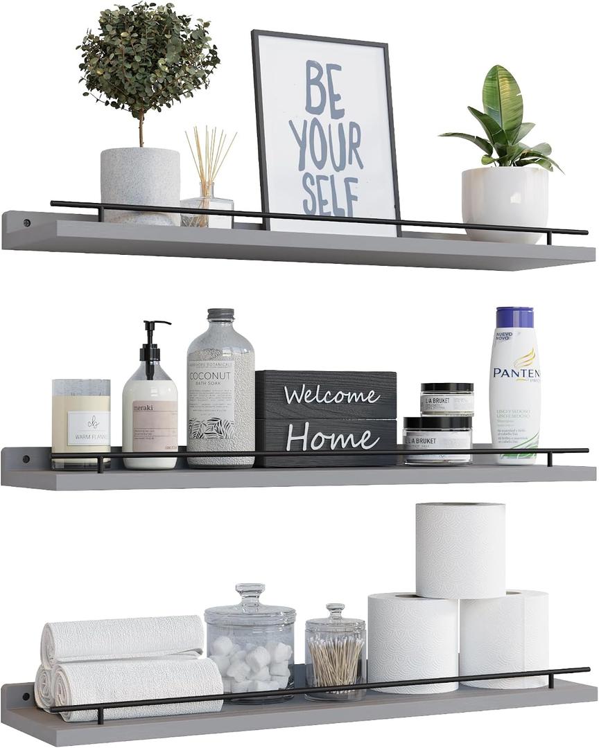 WOPITUES Floating Shelves 24 inch with Black Metal Guardrail, Shelves for Wall Decor Set of 3, Wall Shelves for Bedroom, Bathroom, Kitchen, Living Room, Plants, Picture Frames, Art- Grey, 23.6 inch