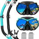Snorkeling Gear for Adults, Snorkel Set Scuba Diving mask Dry-Top, Adult Swimming Goggles w/Nose Cover, HD Tempered Glass Panoramic Anti-Leak Anti-Fog, Travel Snorkeling Packages (Black+Green)