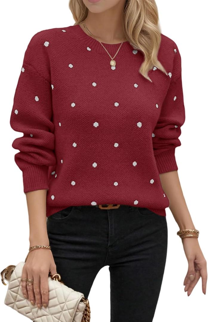 Sweaters for Women Polka Dot Sweater, Crewneck Long Sleeve Tops Fall Winter Casual Knitted Pullover (Medium, Red)