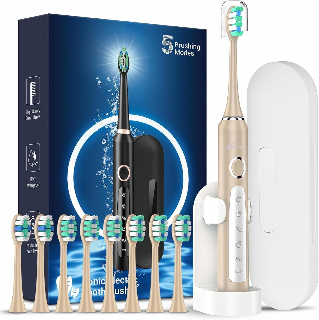 Rtauys M5 Sonic Electric Toothbrush for Adults and Kids - Rechargeable Electric Toothbrush Kids Ages 12+ and Adults with 8 Brush Heads & Travel Case, 120 Days Battery Life - Gold