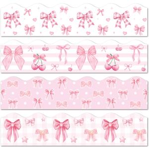 BeYumi Pink Bows Border Trim - 80Pcs Back to School Watercolor Pink Bow Coquette Bulletin Board Border Aesthetic Bowknot Decor for Preschool Kindergarten Elementary Classroom Chalkboard Birthday Party