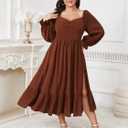 SCOMCHIC Womens Plus Size Wedding Guest Cocktail Dress Sweetheart Neckline Long Sleeve Smocked Ruffle Slit Maxi Dresses (Brown)