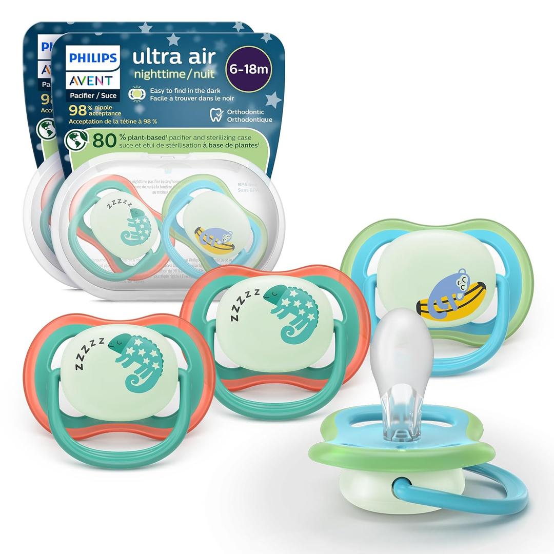 Philips Avent Ultra Air Nighttime Pacifiers - Orthodontic Design, for Babies 6-18 Months, Glow in The Dark, Soft Silicone Symmetrical Nipple, BPA-Free, with 2 Sterilizing Cases, 4 Pack, SCF376/36 (Green)