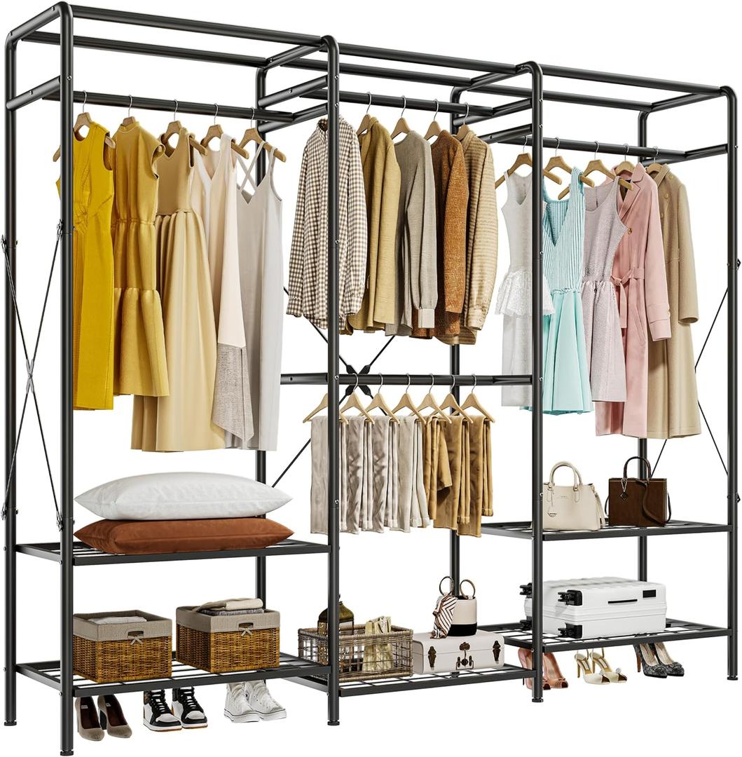 JOISCOPE Wire Garment Rack, Max Load 900 LBS Heavy Duty Clothes Rack for Hanging Clothes, Large Clothing Rack Free Standing Wardrobe Closet Organizer with 4 Rods & 5 Shelves, Black (V1)