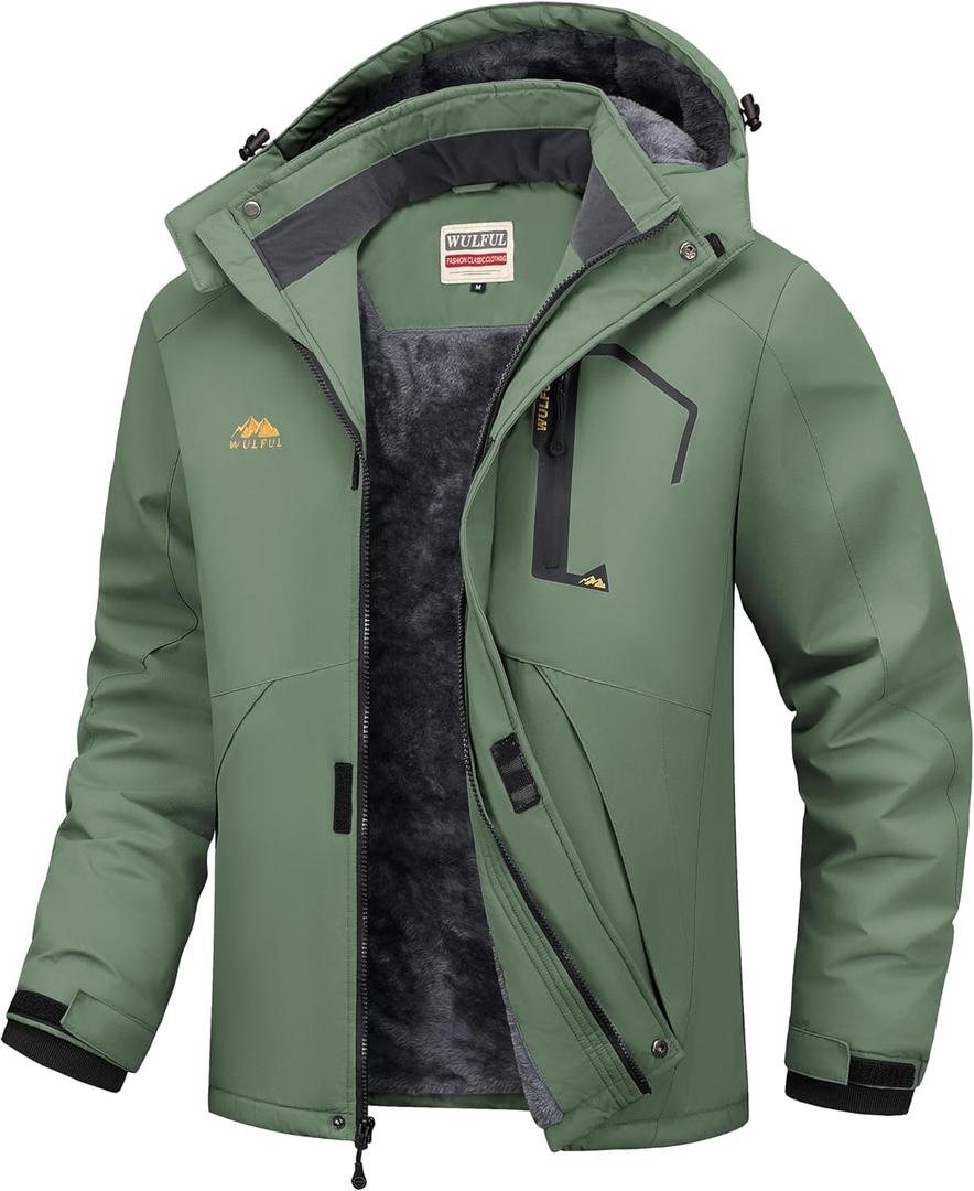 WULFUL Men's Ski Jackets Warm Winter Snow Windbreaker Resistant Snowboard Fleece Coat Mountain Waterproof Parka with Hood (Large, Army Green)