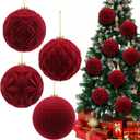 Menkxi 4 Pcs Burgundy Large Velvet Christmas Ball Ornaments 6 Inch Flocked Christmas Tree Decorations Plastic Red Xmas Hanging Ornaments for Holiday Party Decorations