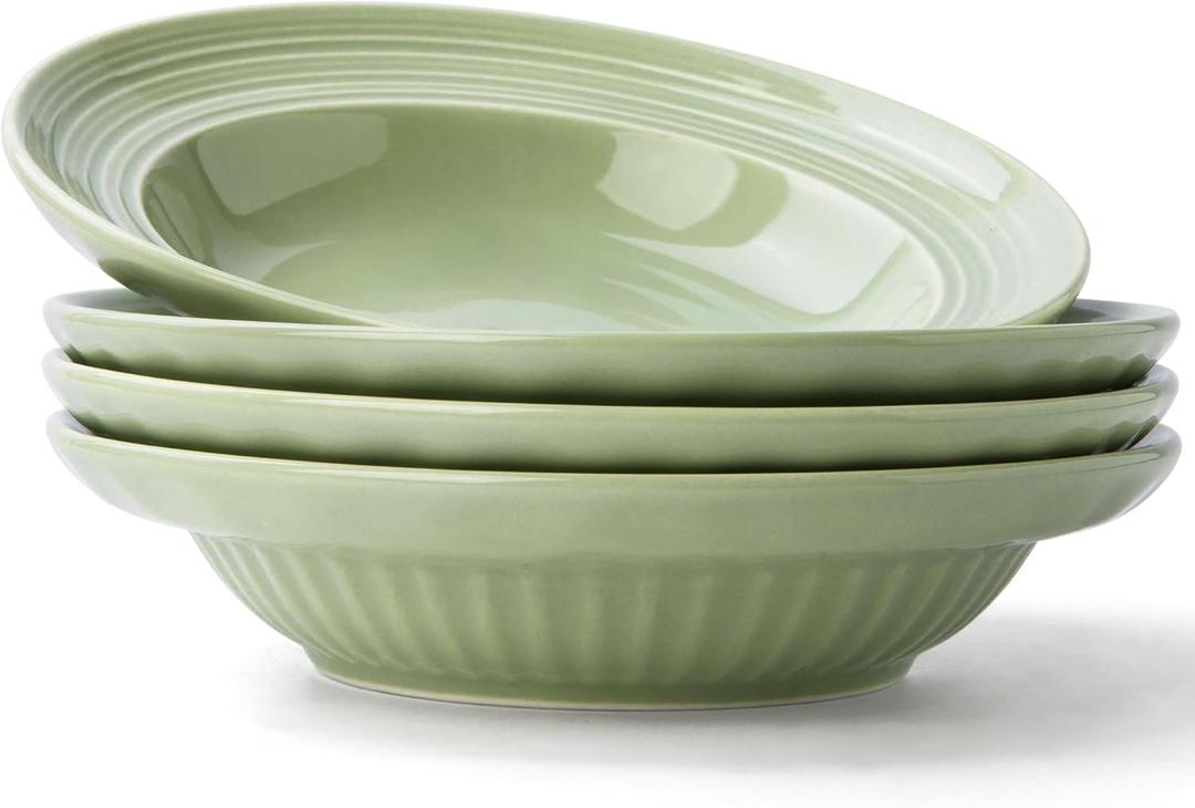 Wide Rim Soup Bowls, 11oz Small Capacity Rimmed Pasta Bowls Set of 4, 8 Inch Ceramic Salad Bowl, Shallow Plates, Elegant Dinner Cereal Serving - Microwave Dishwasher Oven Safe - Green