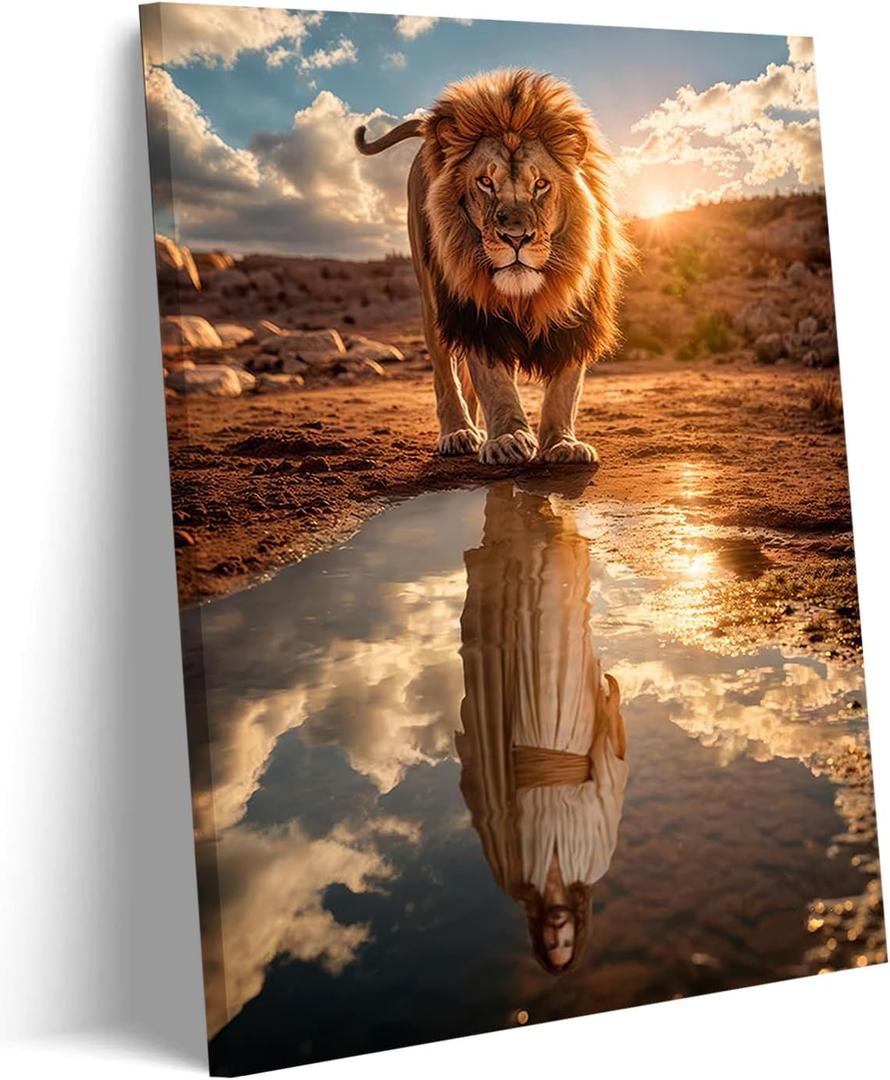 Framed Lion and Jesus Canvas Wall art Christian Jesus Lion King Poster Print Religious PaintingArtwork Church Wall Decor Pictures for Living Room Bedroom Decoration (24"L x 16"W)