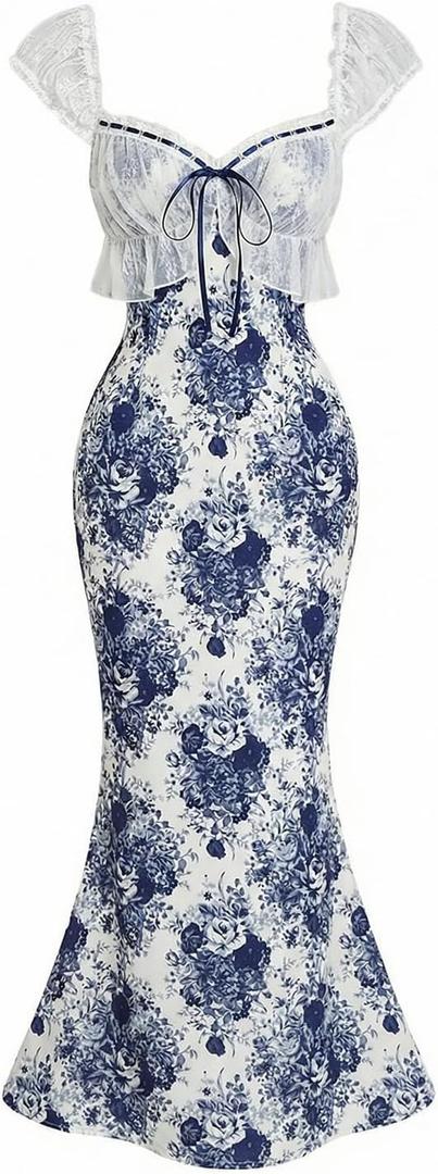 GORGLITTER Women's Lace Floral Tea Party Vintage Maxi Dress Summer Graduation Cocktail Wedding Guest Fishtail Sundress (Small, Blue and White Floral)