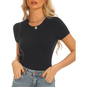 Stelle Ribbed Tops for Women Short Sleeve Tshirt Slim Fit Basic Tee Casual Blouse (Black, S)