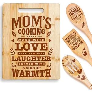 Riviera Bamboo Wood Cutting Board with Wooden Spoons For Cooking, Mothers Day Gifts for Mom – Set of 3 Cooking Spoons as Mother's Day Gifts With Bamboo Cutting Board – Complete Mother Gifts