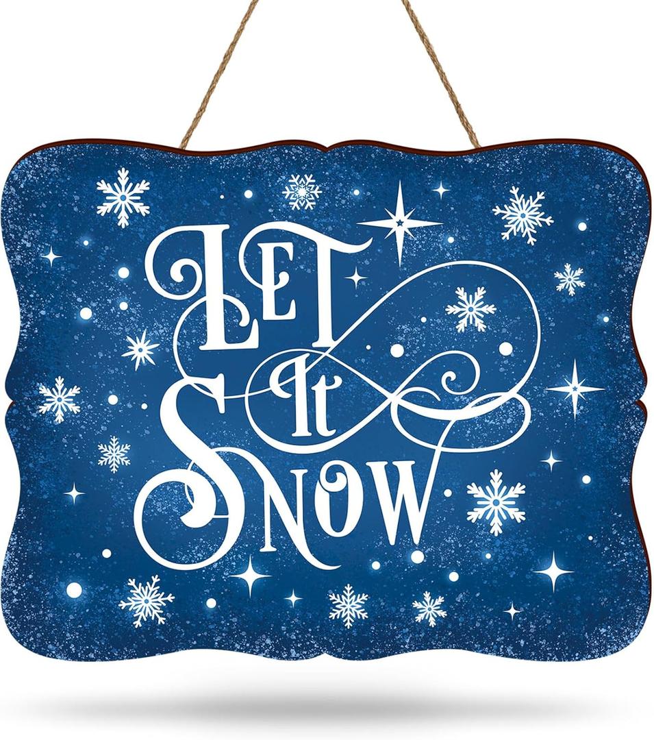 Whaline Christmas Winter Welcome Door Sign Blue Wooden Hanging Sign Xmas Holiday Welcome Wreath Sign Door Hanger for Indoor Outdoor Home Farmhouse Porch Window Wall Decor