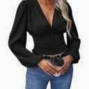 GORGLITTER Women's Ruched Deep V Neck Button Front Smock Lantern Sleeve Crop Top Blouses L