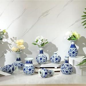Dandat 8 Pcs Chinoiserie Bud Vases Small Blue and White Flower Porcelain Vase Ceramic Vintage Floral Chinese Vase Set for Home Dining Room Living Room Shelf Table Centerpieces Decor(Elegant)