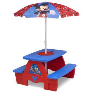 Disney Mickey Mouse - Mesa de picnic de 4 asientos con paraguas y mesa compatible con Lego Delta Children