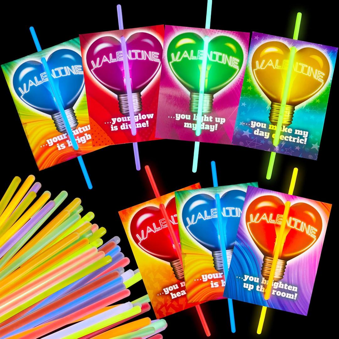 JOYIN 36 Packs Neon Valentines Day Gift Cards with Glow Stick Bracelets, Glow in the dark Necklaces for Valentine's Party Favor, Valentine Classroom Exchange Cards, Valentine School Prize
