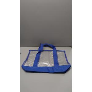 12 clear tote bags, blue logo, blue strap