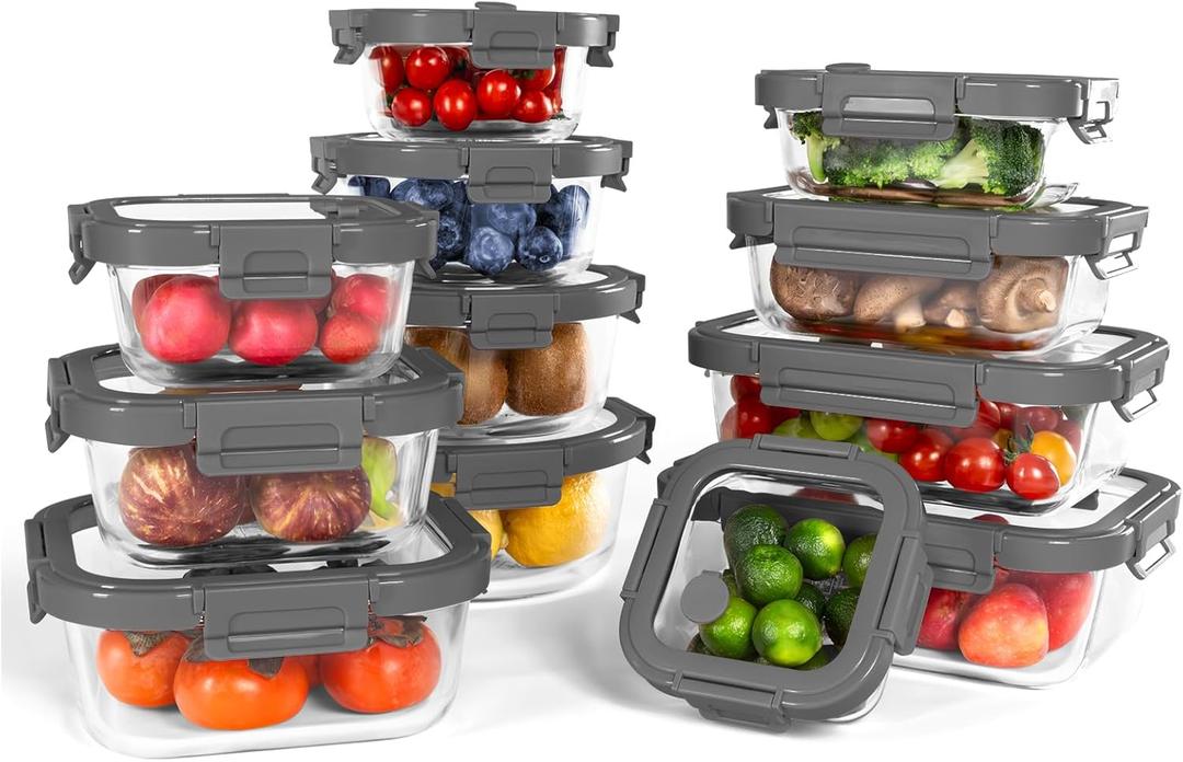 12-Pack Glass Containers with Tempered Lids  Borosilicate, Oven-Safe, Airtight, BPA-Free, Multi-Size for Meal Prep, Dishwasher Safe (Gray)