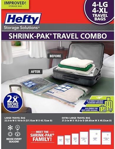 Hefty Shrink-Pak Travel Storage Bags – For Clothes, Pillows, Towels, Blankets & More – Space Saver Suction Sealer Bags for Luggage or Moving – 4 Large, 22.5x18 Inches, 4 XL, 27.5x 19.5 Inches