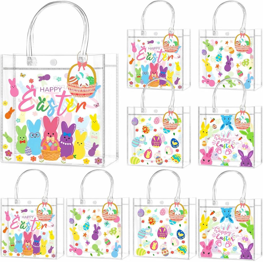 Zenoble 24 Pcs Easter Gift Bags with Handles Double-Sided Clear PVC Easter Bag Cute Bunny & Egg Goodie Snack Candy Treat Bags Bulk with Basket Cards for Party Favor