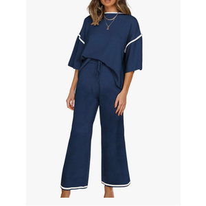 SHEWIN Womens Two Piece Outfits Casual Short Sleeve Knit Sweater Tops Matching Wide Leg Pants Tracksuit Lounge Sets Large