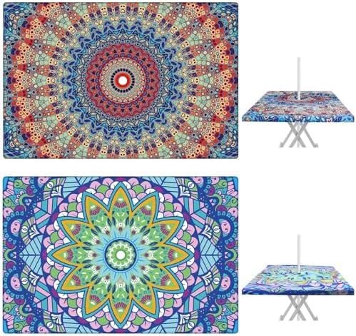 DoubleFill 2 Pcs Rectangular Outdoor Tablecloth with Umbrella Hole, Waterproof Elastic Fitted Camping Tablecloths for 5 Foot Table with Zipper - Ideal for Summer Garden Patio Picnic Party, 38'' x 63''