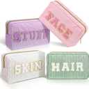Pinkunn 4 Pcs Preppy Makeup Bags Chenille Letter Travel Organizer Face Skin Hair Stuff Corduroy Cosmetic Hygiene Toiletry Pouch with Zipper Wedding Birthday Gifts for Women(Purple, Pink, White, Green)