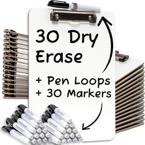 Dry Erase Clipboard (30pc Set) with White Board Markers | Small White Board Dry Erase Clipboards for Classroom, to Do List White Board Small Clip Boards - Class Pack, 30 Dry Erase Markers Included!
