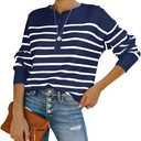 Womens Striped Henley Sweaters Soft Lightweight Long Sleeve Crew Neck Loose Fit Knit Pullover Tops (Small, Navy Blue)