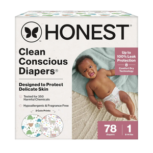 The Honest Company Comfort Dry Disposable Diapers for Sensitive Skin, Hypoallergenic, All The Alpacas + Turtle Time, Club Box Size 1 (814 lbs) 78 Count