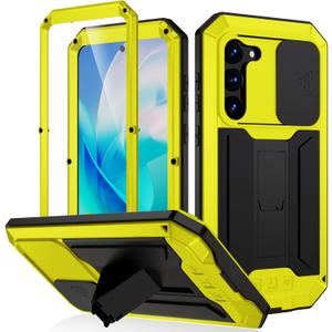 FW Samsung Galaxy S23 Metal Case with Slide Camera Cover Built in Screen Protector Full Body Hybrid S23 Case Metal Kickstand Military Heavy Duty Armor Silicone Case for Man Woman (Yellow)