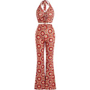 Verdusa Women's 2 Piece Outfits Drawstring Crop Halter Top and Wide Leg Pant Sets (Medium, Red)